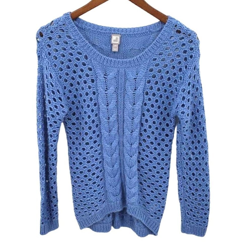 Vintage JCP JCPenney Sweater‎ Womens Sz PS Petite 4 6 Blue Open Cable Knit Wool